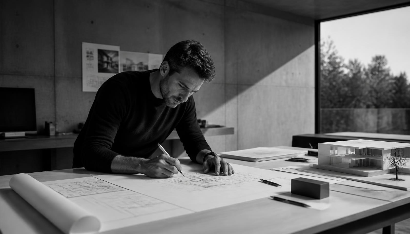 Arquitecto de MFA trabajando sobre planos en el taller