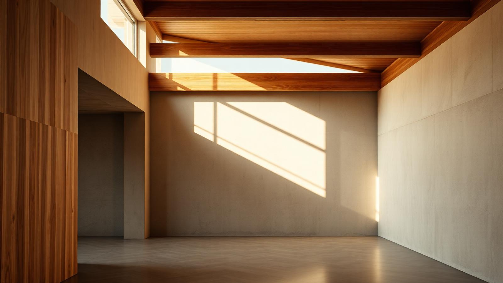 Interior de un proyecto MFA con luz natural sobre muros de concreto y madera